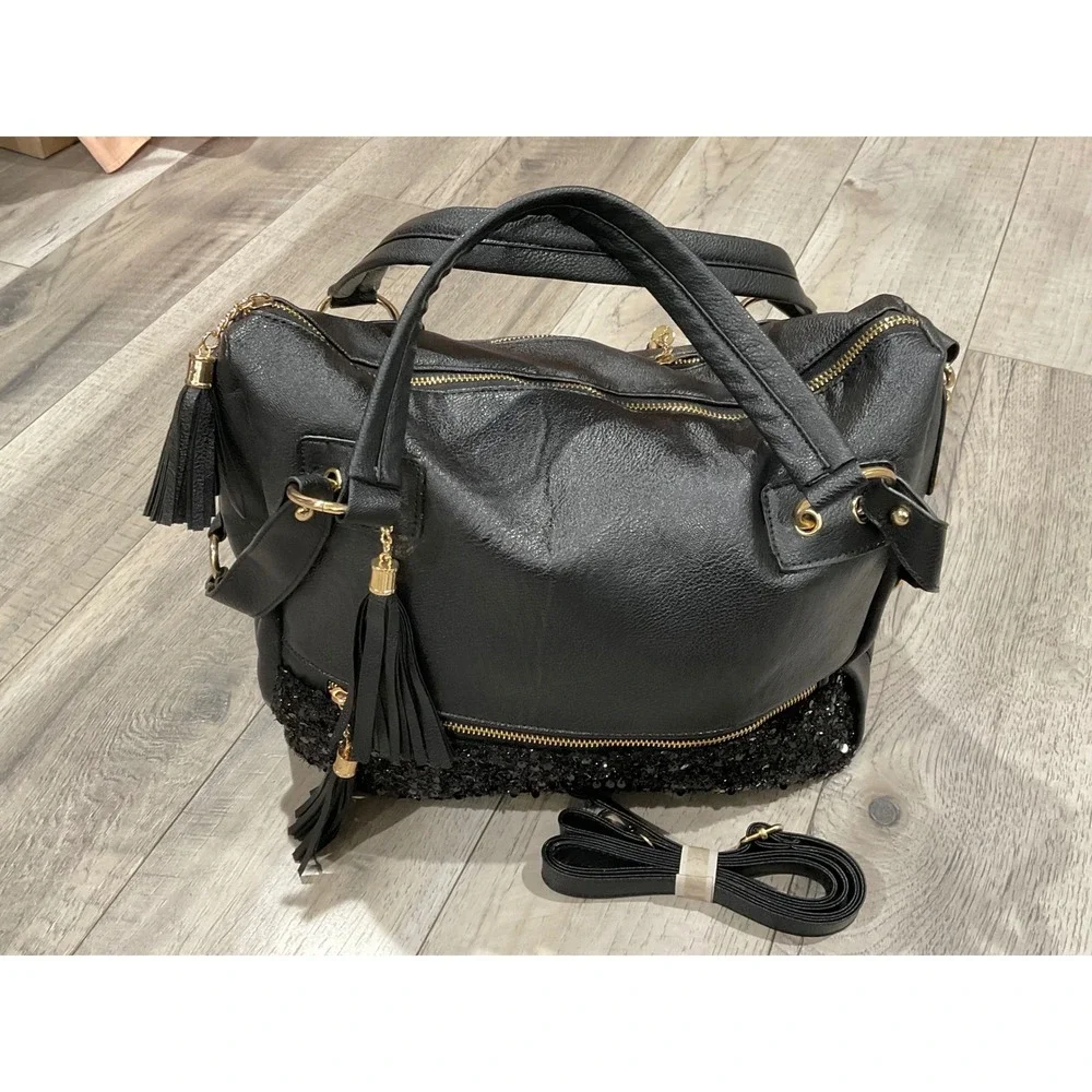Coofit Black Sequin Vegan Leather Satchel Crossbody‎ Bag Tassel Gold Hardware